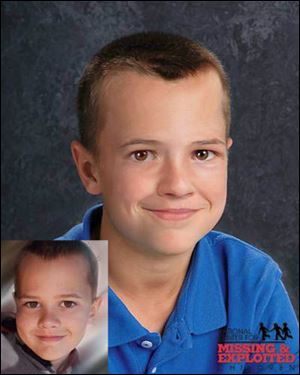 Andrew Ryan Skelton. The lower photo shows Andrew at age 9. The other photo shows him as age-progressed to 11 years old.