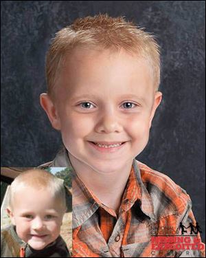 Tanner Lucas Skelton. The lower photo shows Tanner at age 5. The other photo shows him as age-progressed to 7 years old.
