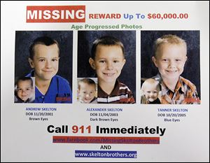 A missing-persons poster issued a year ago that shows age-progression portraits of Andrew, left, Alexander, and Tanner Skelton.