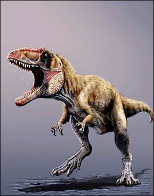 An artist’s rendering shows Siats meekorum, a precursor to T. rex as the dominant predator in North America.