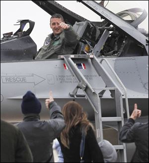 180th Fighter Wing Col. Steven Nordhaus is celebrated during his Fini Flight at the Swanton, Ohio Air National Guard base.
