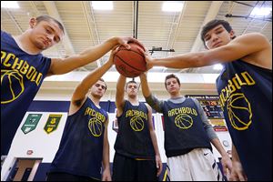 Archbold is expected to contend once again for a NWOAL title. Key players, from left, are Brandon Goering, Evan Wyse, Luke Fisher, Tyson Schnitkey, and Jase Grosjean.