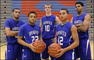 Members of the Springfield basketball team are, from left: Manny Durden, Markese Hicks, Chad Roy, Mason Durden, and Demajeo Wiggins. The Blue Devils have not won a league title since 1996-97.