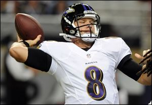 Baltimore Ravens quarterback Caleb Hanie throws during the second quarter of an NFL preseason football game against the St. Louis Rams. Hanie was cut from the Ravens. 