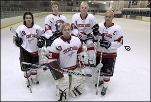 Bedford is competing in the NHC White Division National Conference this year after a season in the top-tier Red Division. Top players returning are (back, from left) Devin Keener, Josef Molnar, Grant Harper, and Jacob Ansara and goaltender Austin Grycza.