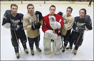 St. John's is the favorite in the competitive Red Division of the Northwest Hockey Conference. The Titans are led by top players, from left, Ian Rapp,  Dominic Horvath, Mike Barrett, Ben Hamilton, and Caleb Hauenstein. St. John’s finished 26-8 last season and reached the district final for a third straight year.