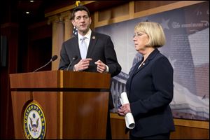 House Budget Committee Chairman Paul Ryan, R-Wis., and Senate Budget Committee Chairwoman Patty Murray, D-Wash., announce a tentative agreement between Republican and Democratic negotiators on a government spending plan, at the Capitol in Washington.