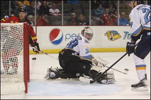 Toledo's goalie Hannu Toivonen (30) can't stop the puck as it sails by during the second period.