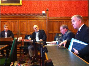 From left, United National Officer Rhys McCarthy, FLOC President Baldemar Velasquez, British Parliament member James Sheridan,  Parliament member Ian Lavery meet in the House of Commons.