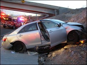 A Toyota Camry is shown after it crashed as it exited Interstate 80 in Wendover, Utah in November, 2010. 