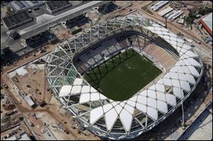 An aerial view of the Arena da Amazonia stadium in Manaus, Brazil.