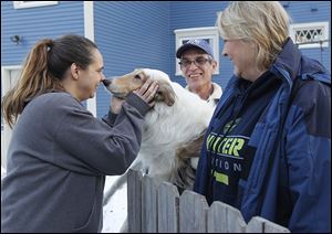 Melissa Todd gives Cooper a nuzzle while her husband Bill Dillman, center, and Kim Kubicek, right, stand near the gate from where Cooper escaped. Mrs. Kubicek, a Toledo water employee, rescued Cooper from traffic on the Anthony Wyane Trail.