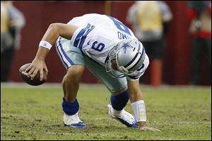Dallas Cowboys quarterback Tony Romo injured his back in the fourth quarter of Sunday’s 24-23 win at Washington. Kyle Orton, who hasn’t started a game since 2011, is the backup. 