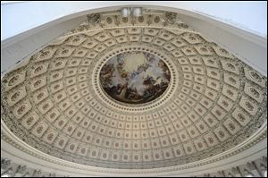 The ceiling of the Capitol Rotunda during a media tour on Capitol Hill in Washington. A world-famous symbol of democracy is going under cover, as workers start a two-year renovation of the U.S. Capitol dome. 