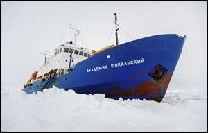 The Russian ship MV Akademik Shokalskiy is trapped in thick Antarctic ice 1,500 nautical miles south of Hobart, Australia today. The research ship, with 74 scientists, tourists and crew on board, has been on a research expedition to Antarctica.