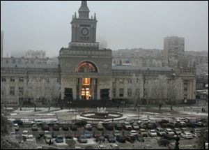 In this photo made by a public camera and made available by the Associated Press Television News an explosion hits the Volgograd railway station on Sunday.