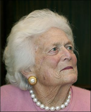 In this Dec. 23, 2013 photo, Former first Lady Barbara Bush looks on during a ceremony at President Bush's office in Houston. Former first lady Barbara Bush has been hospitalized in Houston with a respiratory-related issue, Tuesday, Dec. 31, 2013. A statement Tuesday night from the office of her husband, former President George H.W. Bush, said she was admitted to Houston Methodist Hospital on Monday.(AP Photo/Houston Chronicle, James Nielsen) MANDATORY CREDIT; MAGS OUT