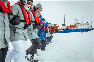Passengers from the Russian ship MV Akademik Shokalskiy link arms and stamp out a helicopter landing site on the ice near the trapped ship 1,500 nautical miles south of Hobart, Australia.