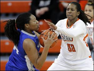 Bowling Green State University forward Alexis Rogers (32), shown in recent game against Buffalo, was named MAC East player of the week. 