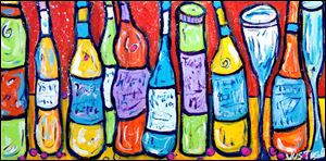 ‘Wine Bottles #10,’ acrylic on canvas by Greg Justus. A show of his work is at Downtown Latte, 44 S. St. Clair St., which will host a reception from 11 a.m. to 1 p.m. Saturday.