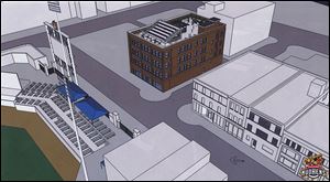 An architect’s rendering shows rooftop bleachers overlooking Fifth Third Field as part of the Mudville development.