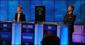 IBM's Watson computer system, powered by IBM POWER7, competes against Jeopardy!'s two most successful and celebrated contestants -- Ken Jennings and Brad Rutter --  in a practice match in January, 2011. 