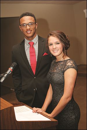 DeShone Kizer, left, and Lexi Galernik, both seniors at Central Catholic High School, were guest speakers at the school’s scholarship fund-raiser. Alex Nester, not pictured, a sophomore, was another speaker.