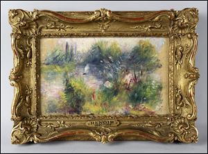 An original painting by French impressionist Pierre-Auguste Renoir that was acquired by a woman from Virginia who stopped at a flea market in West Virginia and paid $7 for a box of trinkets that included the painting. 