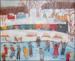 Using primary colors, Bernadine Stetzel, of Fremont, paints happy scenes that often hark back to small-town America in the 1930s and 1940s. This work is 'Ice Skating on a Pond.'