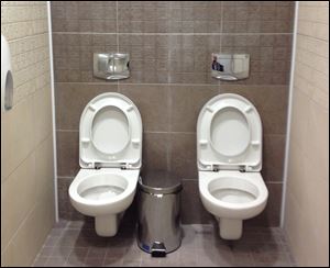 Two toilets at the cross-country skiing and biathlon center for next month's Olympics in Sochi, Russia. 