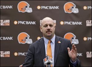 Cleveland Browns head coach Mike Pettine answers questions during  news-conference Thursday in Berea, Ohio. 