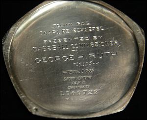 The inscription on a pocket watch that was given to Babe Ruth in 1923.
