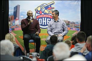 Detroit Tigers outfielder Torii Hunter, left, and manager Brad Ausmus stopped by Fifth Third Field on Thursday night. Ausmus takes over for Perrysburg native Jim Leyland, who retired.