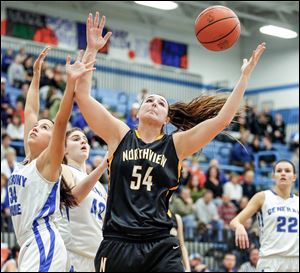 Northview's Kendall Jessing battles  Anthony Wayne's Ashley Mitchell (34) and Sara Zankl (40) for a rebound on Friday night.