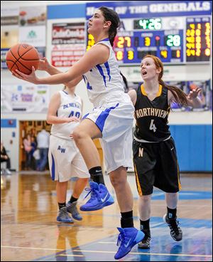 Anthony Wayne's Victoria Burdo slips past Northview's Maddie Fries to get off a shot Friday night. Burdo led the Generals with 17.