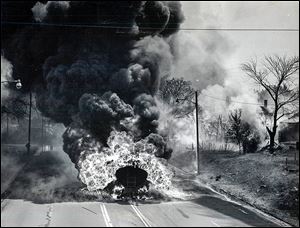 A gasoline tanker overturned and exploded on June 10, 1961, on the Anthony Wayne Trail. Four Toledo fire fighters were killed in the tragedy.