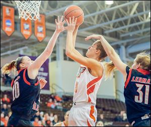 BGSU's Miriam Justinger takes a jump shot while being defended by Northern Illinois'  Jenna Thorp on Sunday evening.
