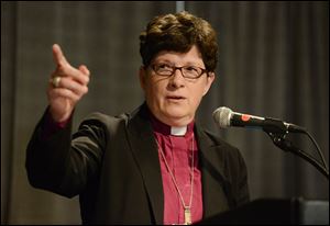 Bishop Elizabeth Eaton of Cleveland speaks during an August news conference after being elected the first female presiding bishop of the Evangelical Lutheran Church in America.