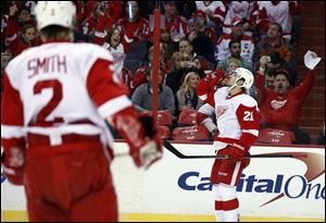 Detroit Red Wings left wing Tomas Tatar celebrates his goal in the second period.