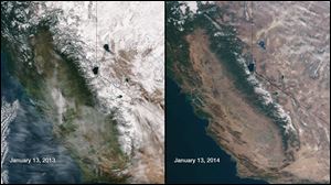 This image provided by NOAA compares January 13, 2013 and January 13, 2014 snow cover in Northern California and Nevada as seen by the Suomi NPP satellite. California, which is seeing its driest conditions in 500 years, is experiencing extreme drought in more than 62 percent of the state.