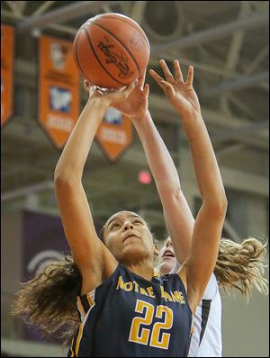 Notre Dame’s Jayda Worthy, who had seven points, scores against Northview. The Eagles are 15-3.