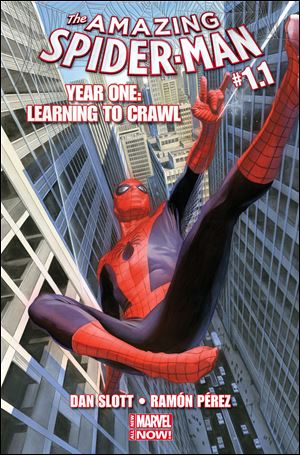 The cover art of ‘The Amazing Spider-Man, Year One: Learning to Crawl,’ by Dan Slott and Ramon Perez.
