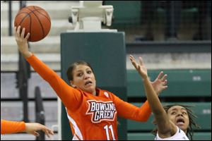 Bowling Green's Jillian Halfhill posted a double-double with 21 points and 10 rebounds in the Falcons' 61-56 win at Eastern Michigan Saturday