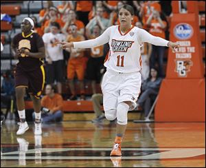 Bowling Green’s Jillian Halfhill celebrates a basket. She was 9-for-9 from the free-throw line and led the Falcons with 18 points.