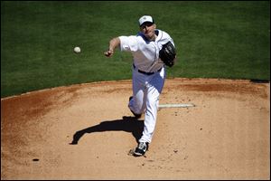 Detroit Tigers starting pitcher Max Scherzer throws during the first inning today in Lakeland, Fla.