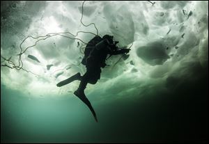 Rich Synowiec of Monroe swims beneath 20 inches of Lake Erie ice during a dive in Colchester, Ont.