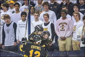 Northview senior Jake Koback, right, is swarmed by his teammates after scoring in the first period against St. Ignatius to give the Wildcats the lead. St. Ignatius tied it in the third period.