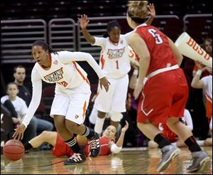 Bowling Green's Alexis Rogers heads up the court after coming up with a loose ball at Quicken Loans Arena in Cleveland. Rogers contributed nine points, two steals, and pulled down 10 rebounds.