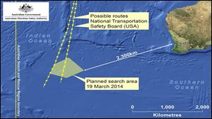 This graphic released by Australian Maritime Safety Authority shows an area in the southern Indian Ocean that the AMSA is concentrating its search for the missing Malaysia Airlines Flight MH370 on.