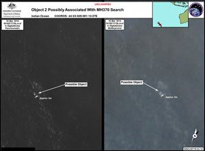 Satellite imagery provided by Commonwealth of Australia - Department of Defence today shows a floating object is seen at sea next to the descriptor which was added by the source.